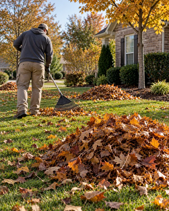 Leaves raked and cleared off a lawn during a fall cleanup