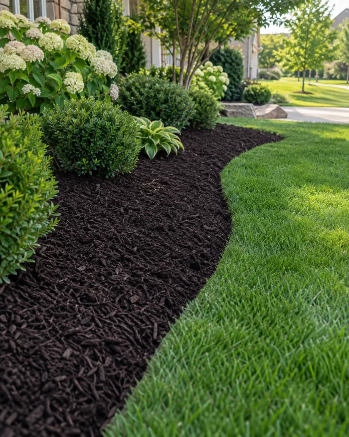 Fresh dark mulch spread in a planting bed along a green lawn